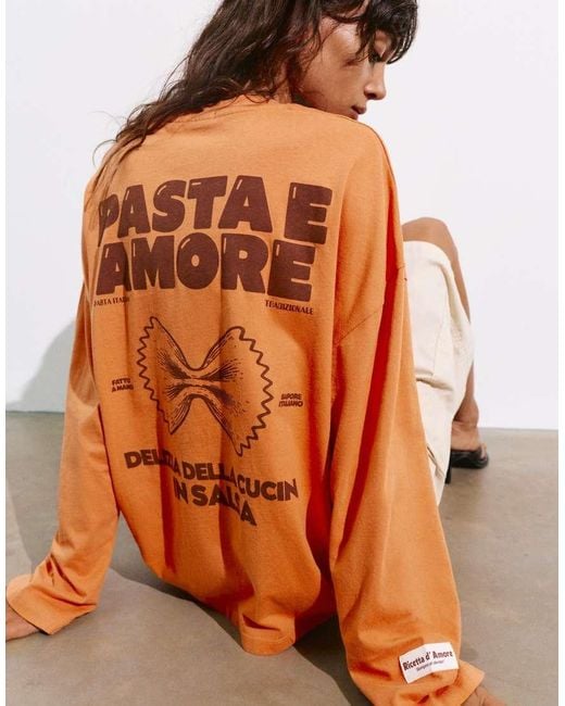Pull&Bear Orange Long Sleeve Graphic T-Shirt