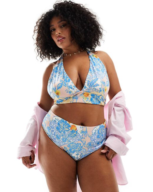 ASOS Blue Asos Design Curve Hailey High Leg High Waist Bikini Bottom