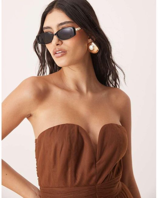 LACE & BEADS Midaxi Jurk Met Korset En Rok Van Tule Met Ruche Aan De Zoom in het Brown
