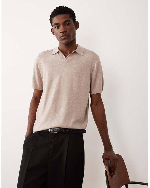 ASOS Natural Knitted Pure Merino Wool Notch Neck Polo Shirt for men