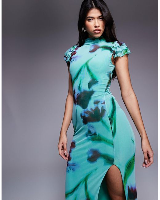 ASOS Blue Ruffle Sleeve High Split Print Mesh Maxi Dress