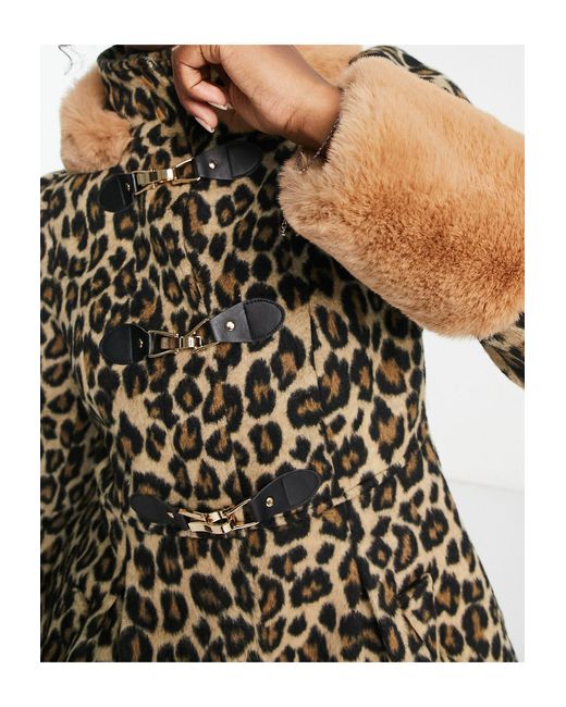 Miss Selfridge Multicolor – duffle-coat mit leopardenmuster und kunstpelz-kapuze