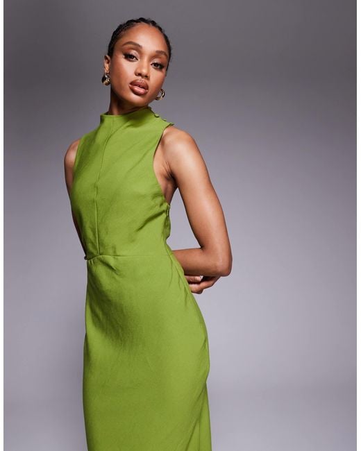 high neck green maxi dress Khari | Bottle Green High-Neck Twisted Maxi Dress With Drape main image 1