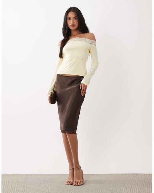 Fashionkilla Natural Exclusive Double Sculpted Slinky Lace Trim Bardot Long Sleeve Top