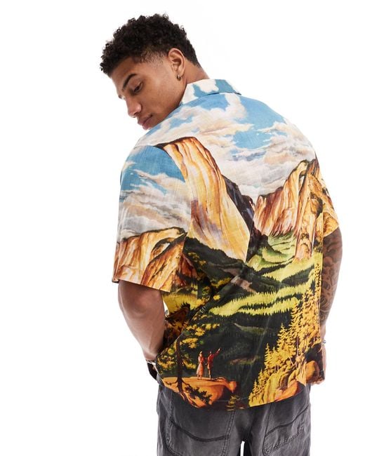 ASOS – lockeres hemd mit landschafts-print und reverskragen in Metallic für Herren