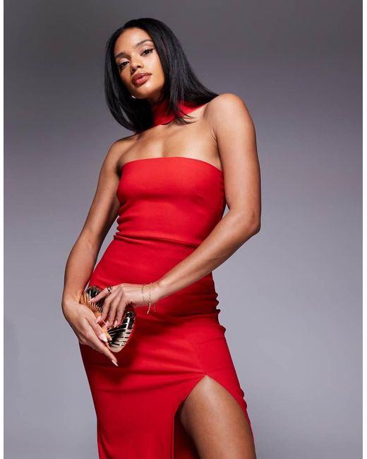 Vesper Red Bengaline Choker Neck Detail Bandeau Side Split Maxi Dress