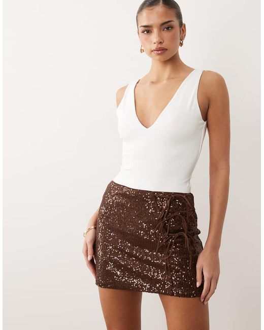 ASOS Brown Sequin Tie Side Mini Skirt