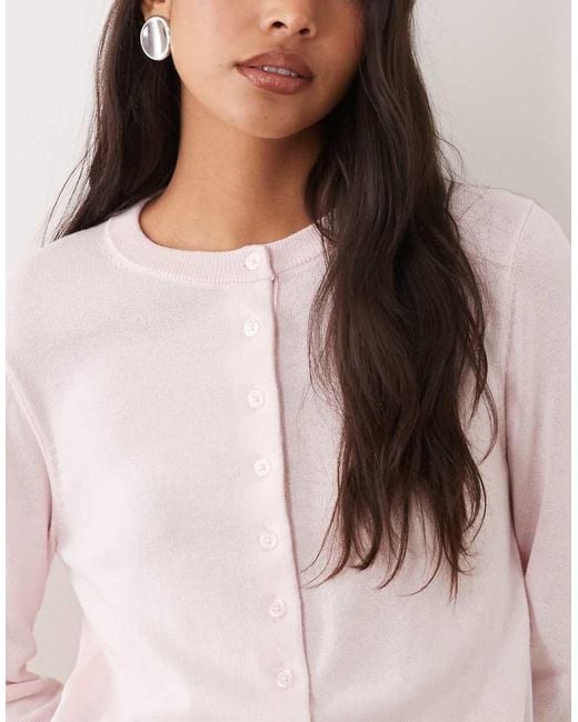 Mango Pink Round Neck Cardigan With Lace Trim