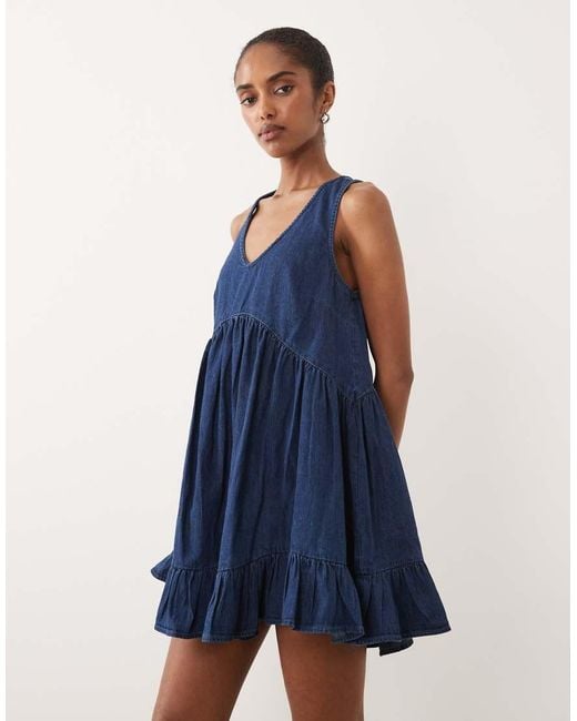 ASOS Blue Denim V-neck Tiered Smock Dress