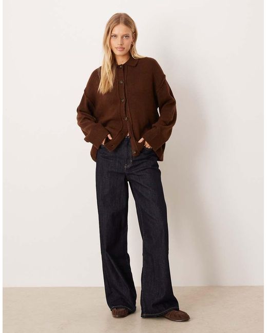 ASOS Brown Knitted Collar Shirt Cardigan With Seam Detail