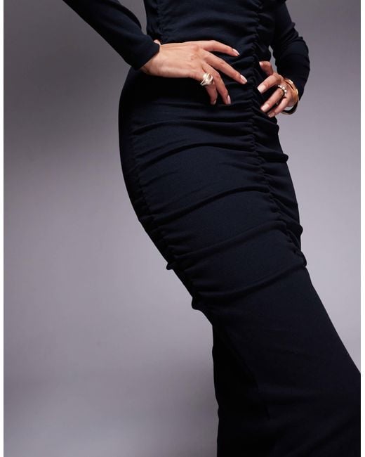 ASOS Blue Ribbed Ruched Midi Dress