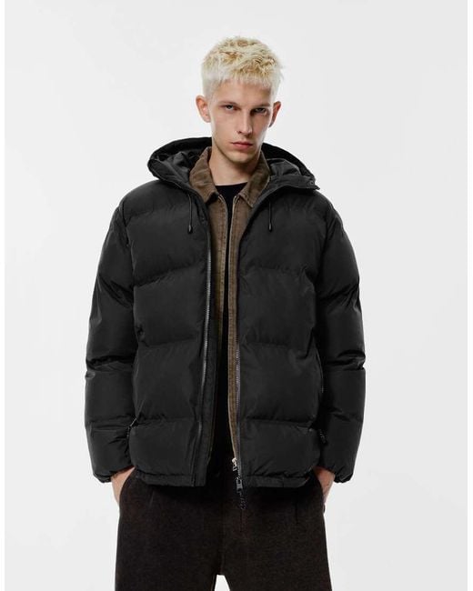 Pull&Bear Black Heat-sealed Quilted Jacket With Hood for men