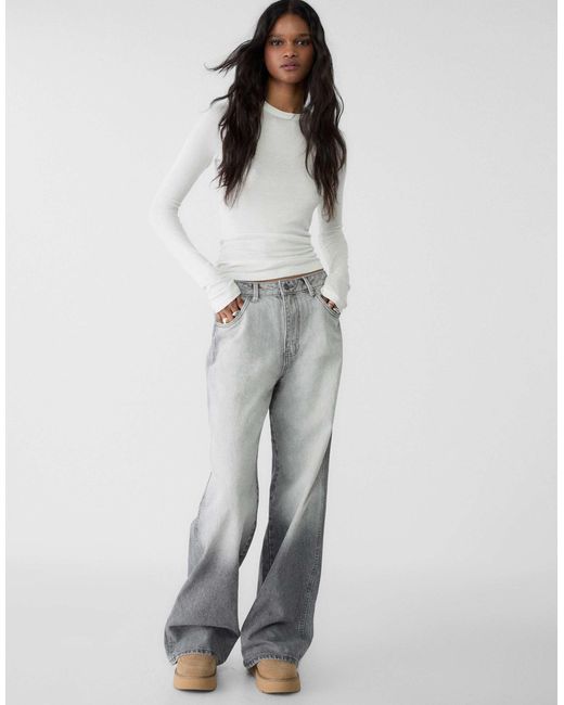 Stradivarius Natural – langärmliges, geripptes shirt