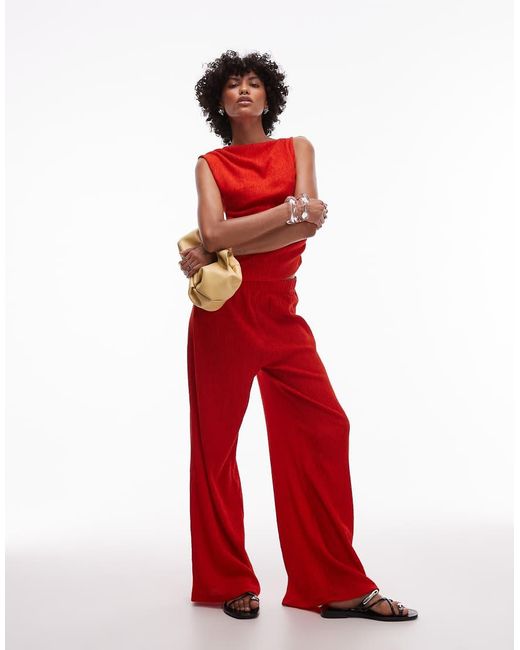 TOPSHOP Red Textu Wide Leg Trousers