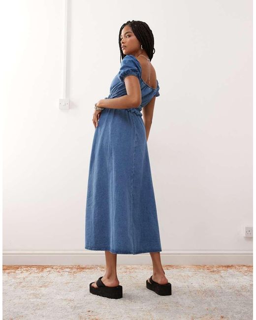Reclaimed Vintage Blue Chambray Denim Midi Dress With Shirring Details