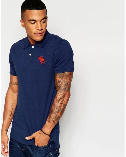 Abercrombie & Fitch Blue Bercrombie & Fitch Polo Shirt In Muscle Slim Fit With Large Moose Embroidery In Navy for men