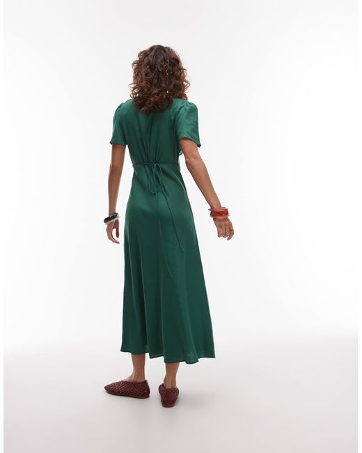 Mango Green Linen Mix Short Sleeve Midi Dress