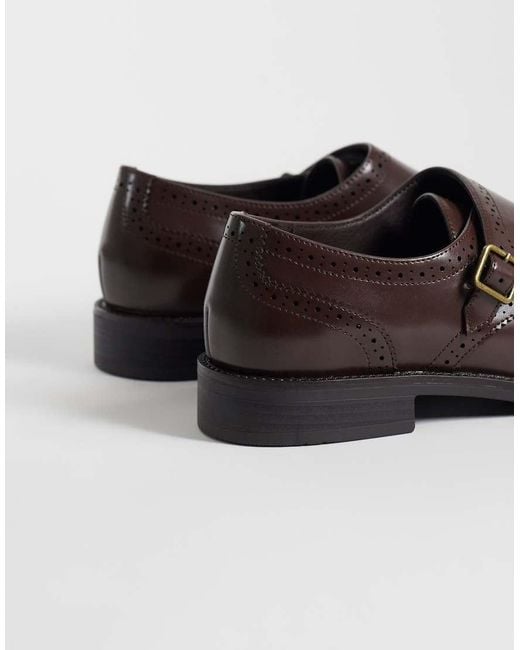 ASOS Brown Two Strap Monk Shoes With Broguing Details for men