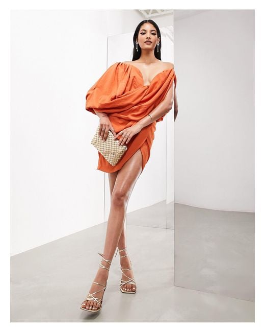 ASOS Orange Memory Draped Structure Off Shoulder Mini Dress