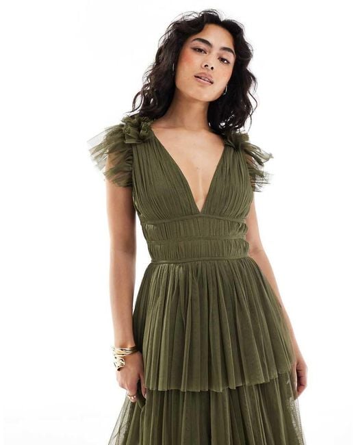 LACE & BEADS Green Bridesmaid Ruffle Tiered Tulle Maxi Dress