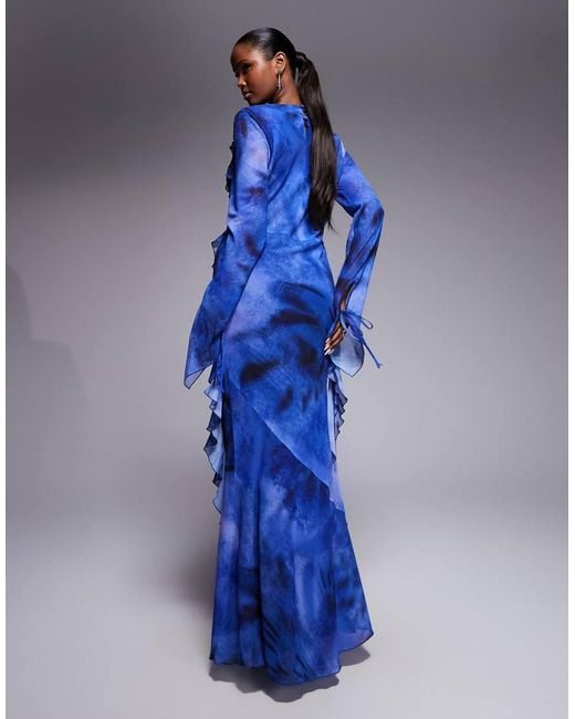 DASKA Blue Chiffon High Cowl Neck Frill Detail Maxi Dress