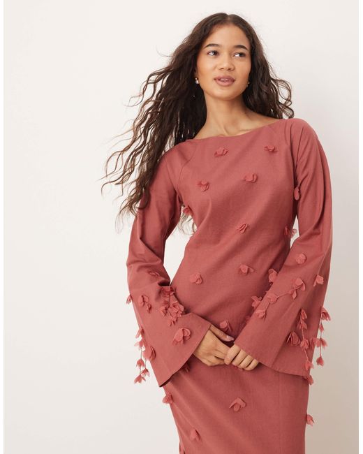 ASOS Red Fluted Sleeve Maxi Dress With Trailing Flowers