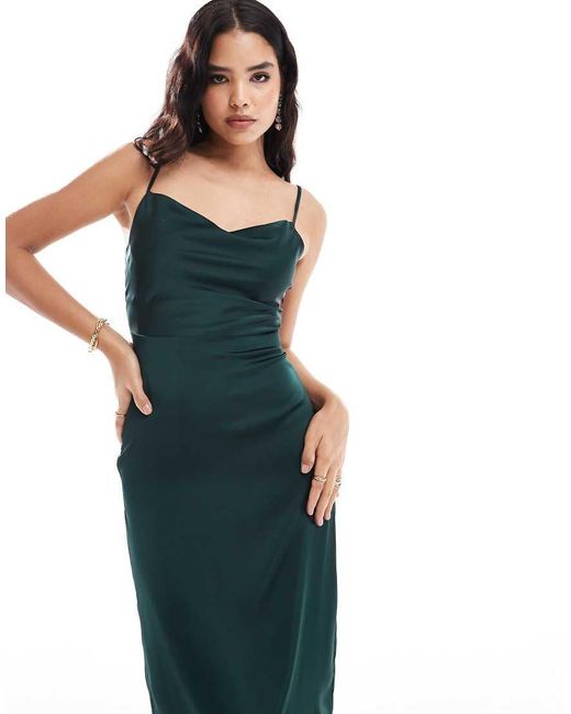 Vestido Largo Verde Oscuro De Tirantes Con Cuello Desbocado De Satén De Vila de color Blue