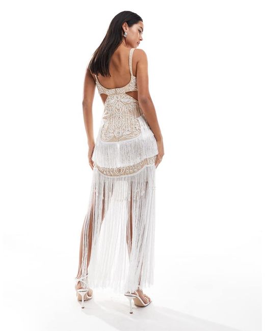 ASOS White Cupped Embellished Cut Out Maxi Dress With Fringing
