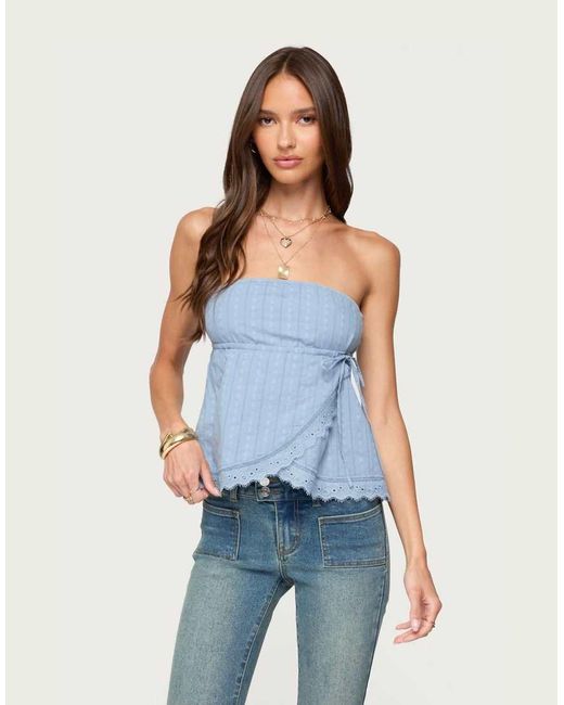 Edikted Blue Narnie Striped Strapless Wrap Top
