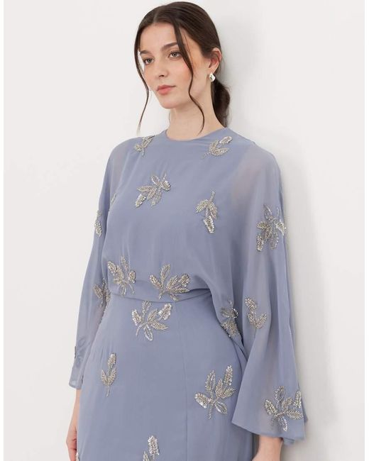 Maya Blue Floral Embellished Cape Sleeve Maxi Dress