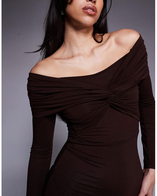 ASOS Brown Off Shoulder Twist Mini Dress With Long Sleeves