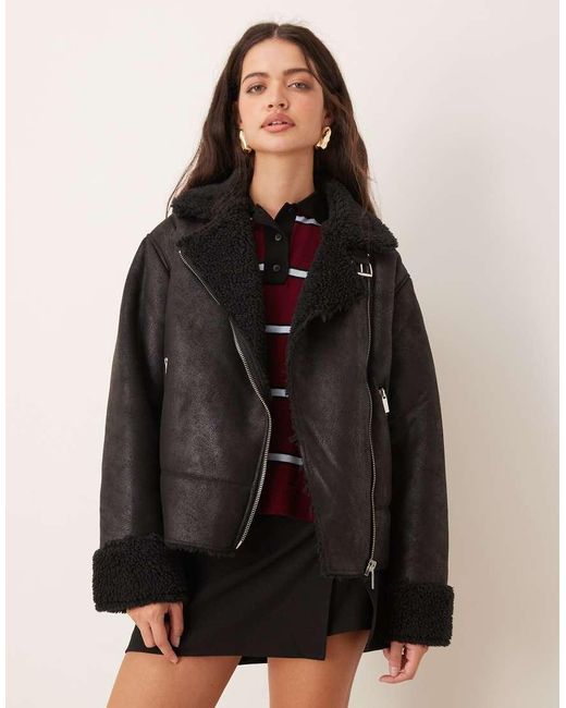 Pimkie Black Faux Shearling Aviator Jacket