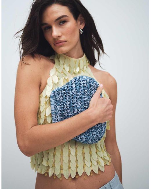 ASOS Blue Hand Crochet Straw Frame Clutch Bag With Detachable Crossbody Strap