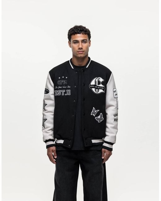 Good For Nothing Black Oversized Varsity Jacket for men