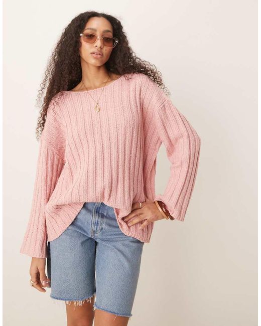 ASOS Pink Knitted Slash Neck Textured Rib Jumper