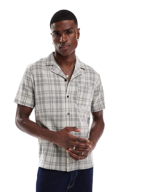 Another Influence Gray Check Revere Collar Short Sleeve Shirt for men
