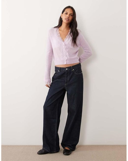 Miss Selfridge Purple Wool And Mohair Lace Trim Fine Gauge Cardigan