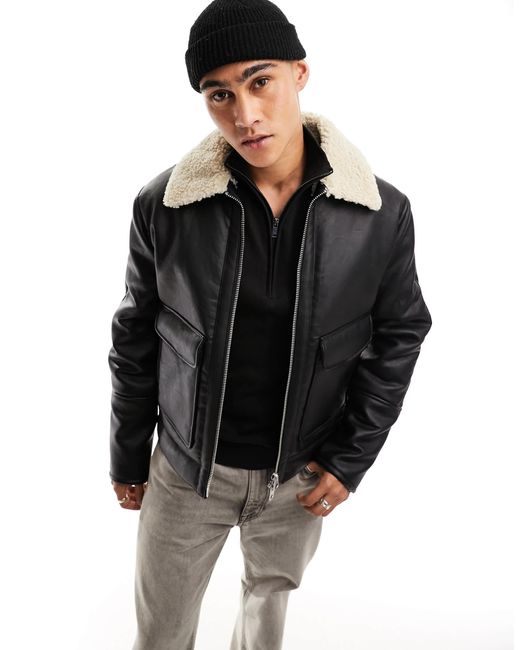 River Island – e pilotenjacke aus kunstleder in Black für Herren