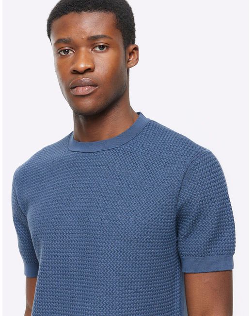 River Island Blue Slim Fit Textured Knit T-shirt for men