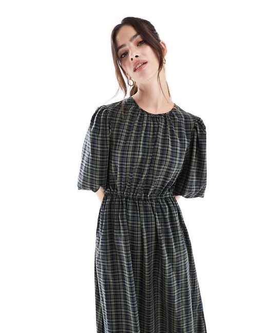 Threadbare Black Check Midi Dress With Puff Sleeves