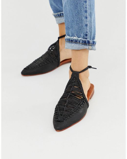 Free People Black Dana Leather Woven Flat Mules With Ankle Ties