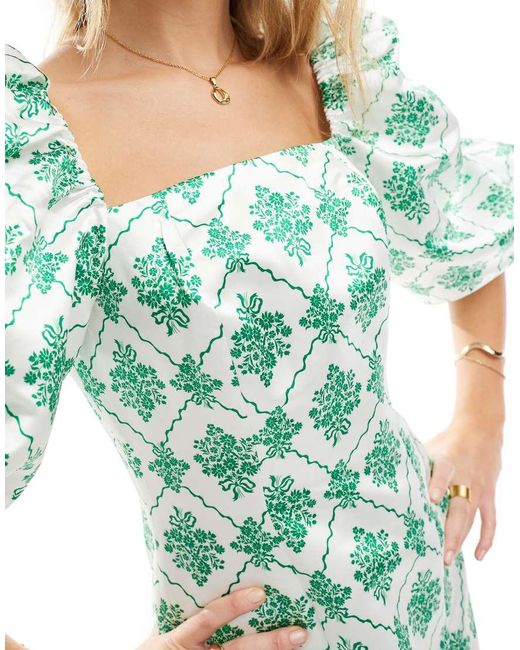 Collective The Label Green Square-Neck Puff Sleeve Mini Dress