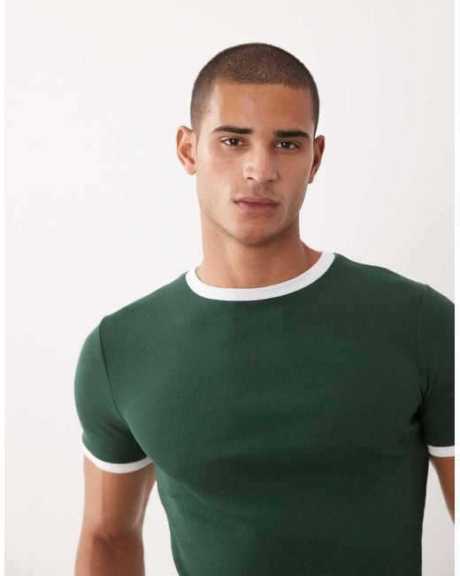 ASOS Green Muscle Fit T-shirt With Ringer Detailing for men