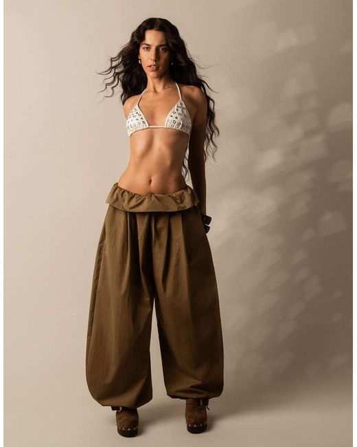 Bershka Natural Sarouel Trousers With Turn-up Waist