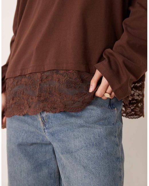 ASOS Brown Long Sleeve Top With Lace Trim Hem Detail
