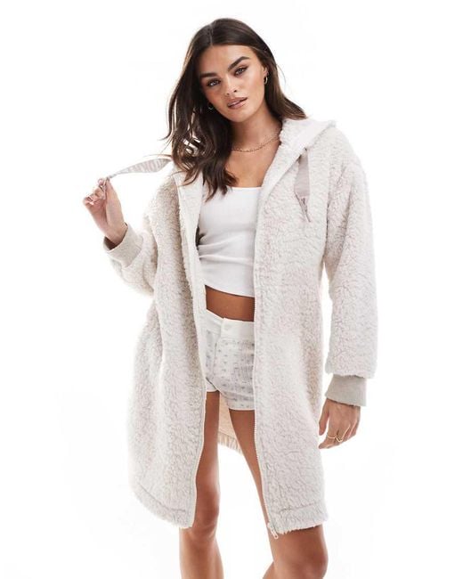 DKNY White Sherpa Fleece Hooded Zip Robe