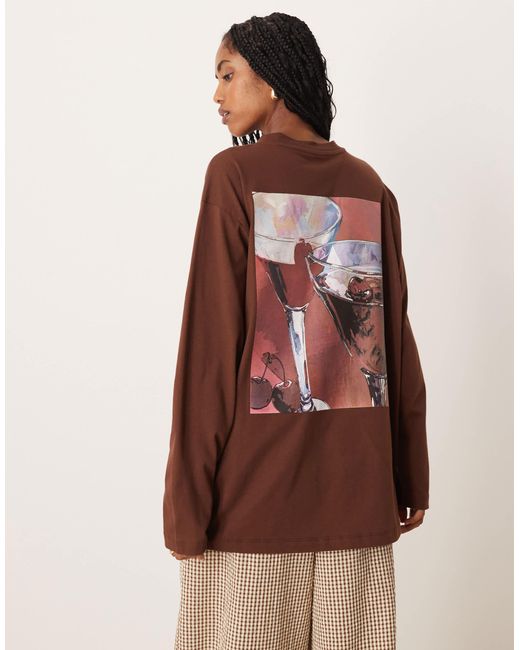 ASOS Brown Long Sleeve Oversized Tee With Cherry Espresso Graphic