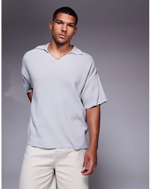 ADPT Gray Oversized Knitted Split Neck Polo for men