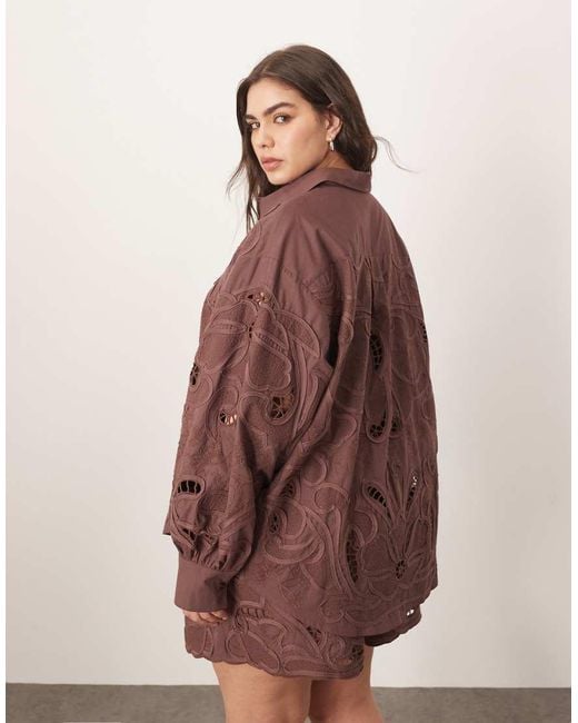 ARRANGE Brown Curve Cotton Mirrored Floral Embroidered Cutwork Shirt