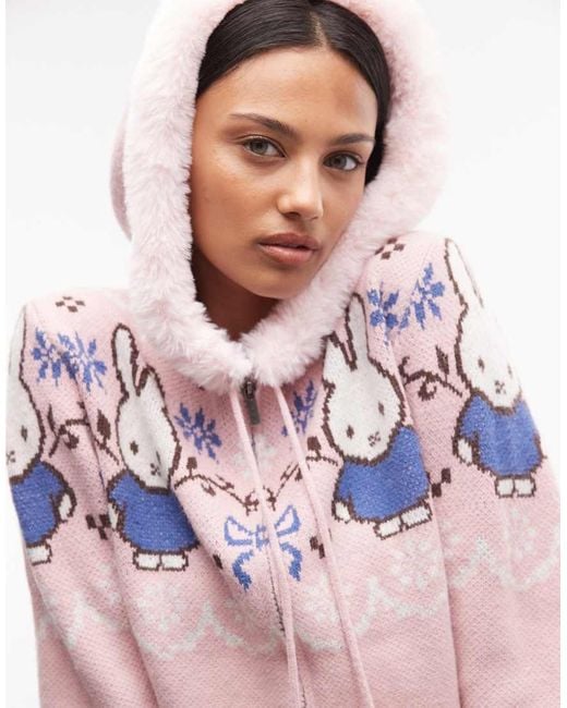 Daisy Street Pink X Miffy Faux Fur Zip-up Cardigan With Pom-poms